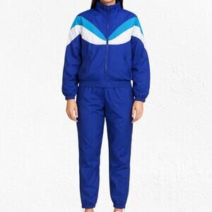 90s Vintage Colorblock Track Set Y2K Blue White Windbreaker Joggers Size Medium